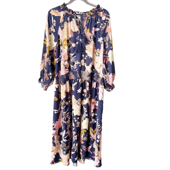 Terra & Sky Dress Women's 2X Blue Bird Floral Print Peasant Maxi - Picture 1 of 8